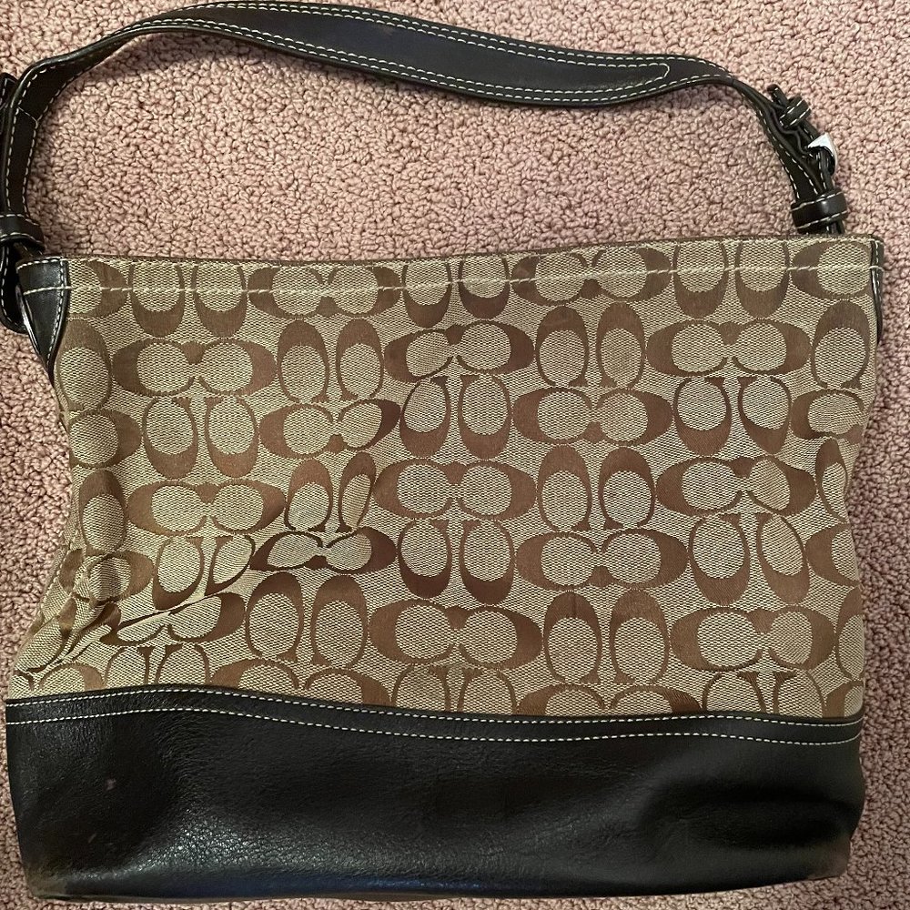 Coach Signature Brown w Dark Brown Leather Trim Hobo Bag
